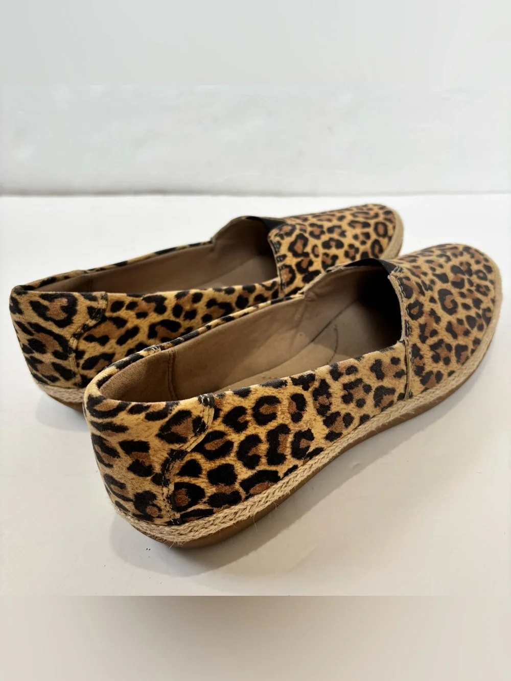 CLARKS Tan Leopard Print Suede Danelly Sky Espadrille Perforated Slip On Flats